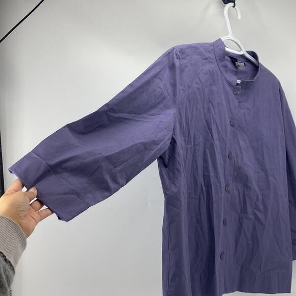 Eileen Fisher cotton mandarin collar purple 3 quarter sleeve button down sz L - Picture 3 of 8